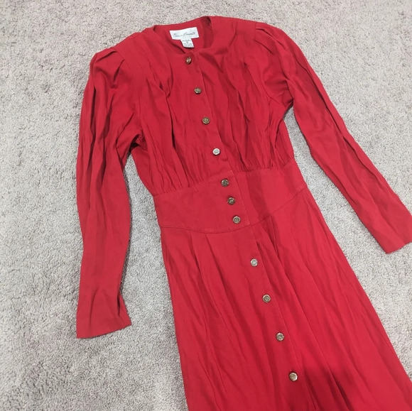 Vintage Button front long sleeve red dress Susan Bennett size 8 - Picture 2 of 12